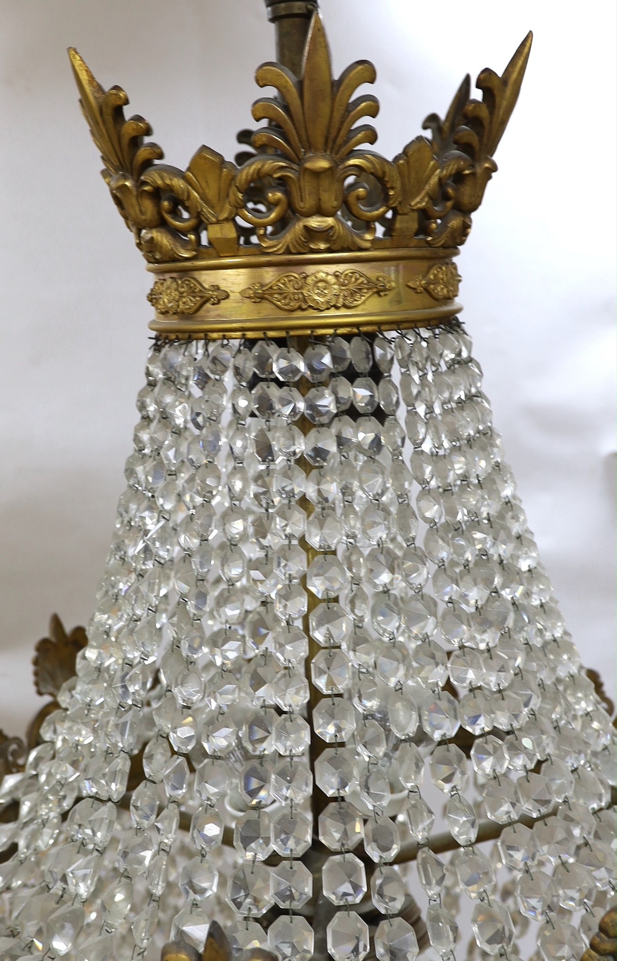 A 20th century guilt metal lustre drop glass bag chandelier